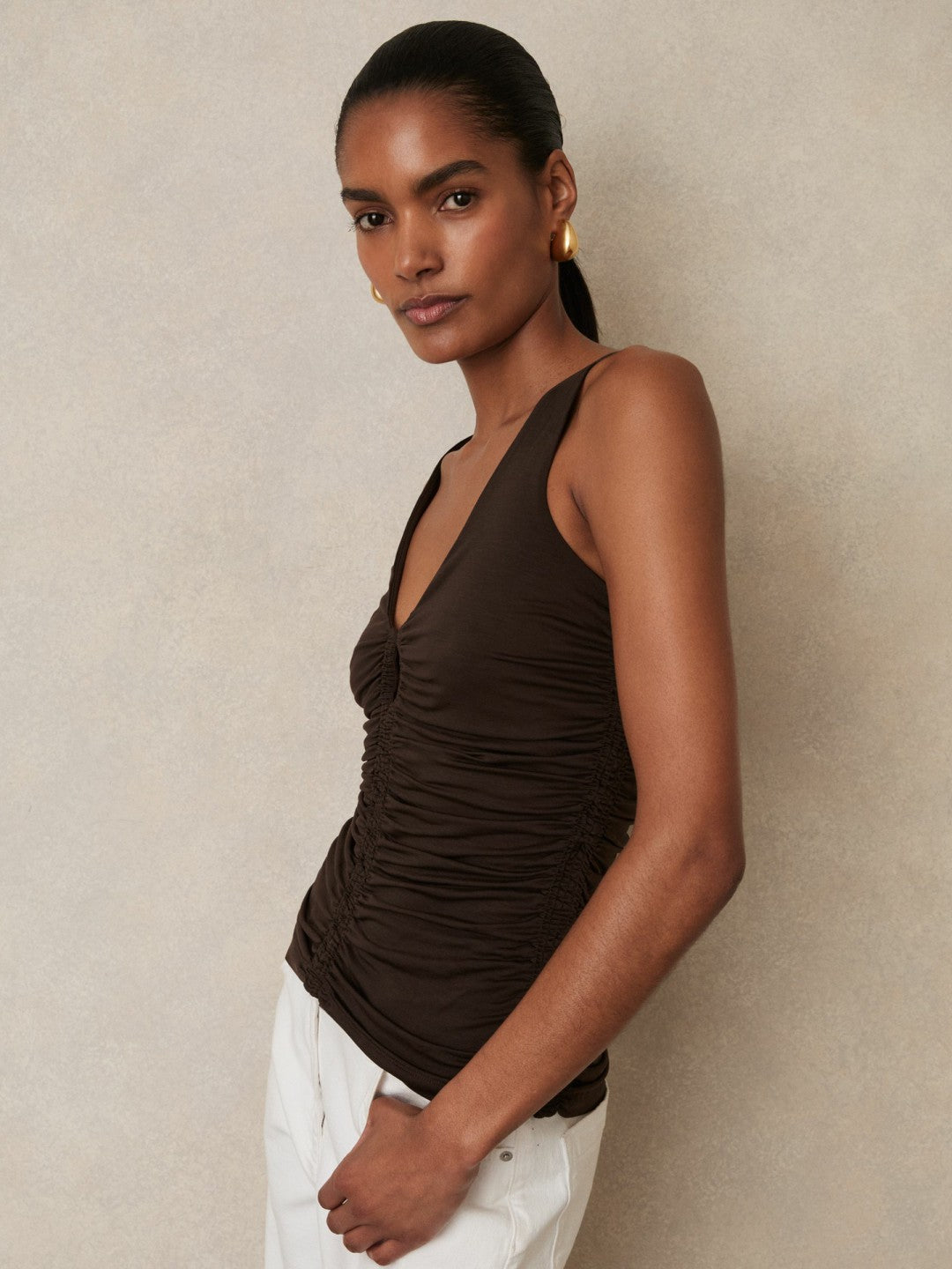Reiss | Stretch Lyocell Jersey Ruched Vest in Chocolate Brown