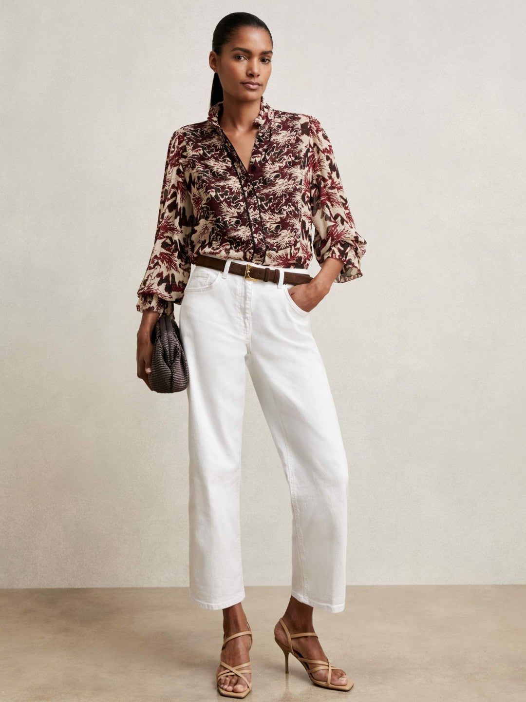 Reiss | Abstract-Print Ruffle-Neck Shirt in Burgundy/Cream