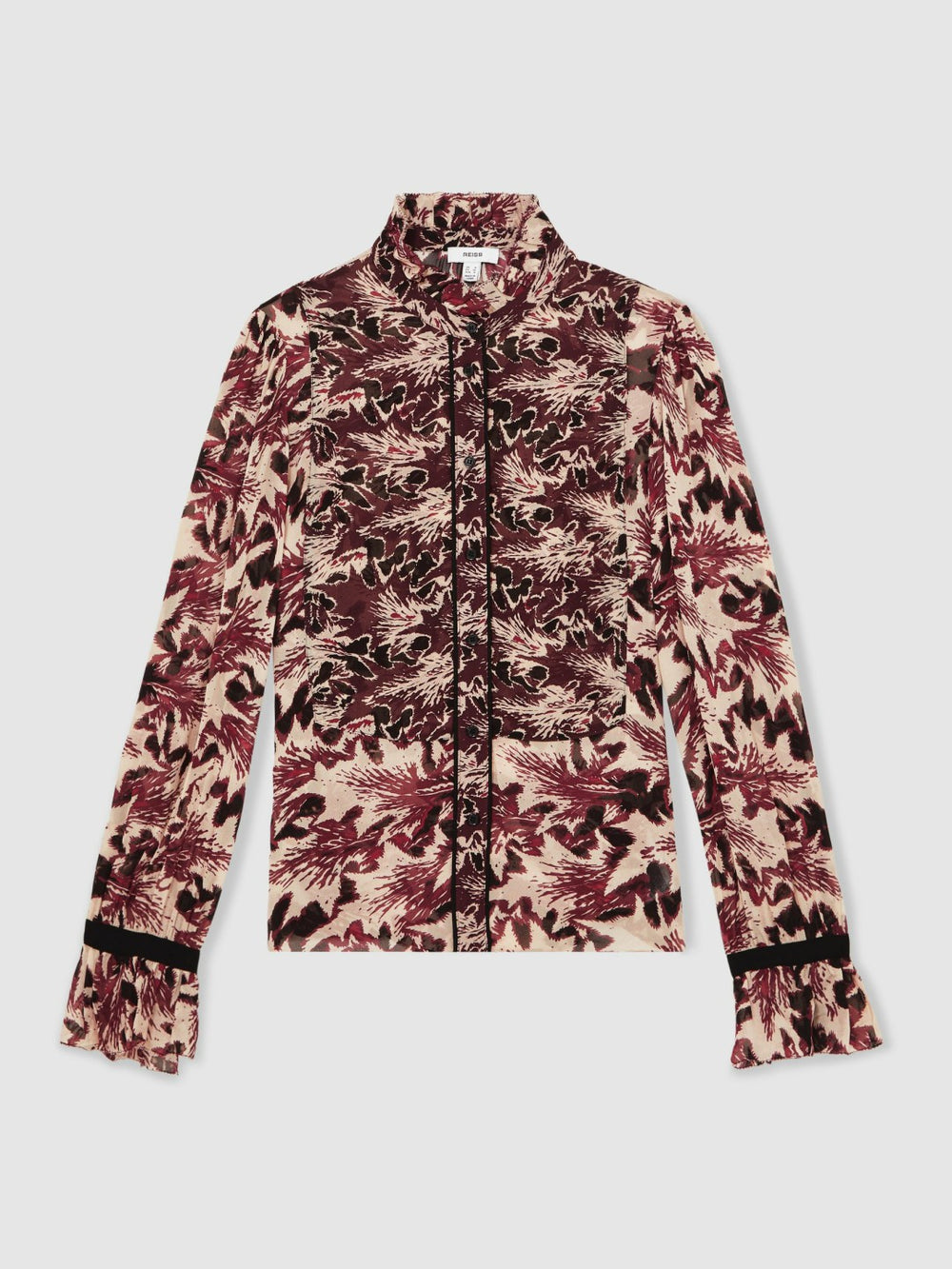 Reiss | Abstract-Print Ruffle-Neck Shirt in Burgundy/Cream