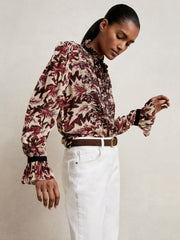 Reiss | Abstract-Print Ruffle-Neck Shirt in Burgundy/Cream