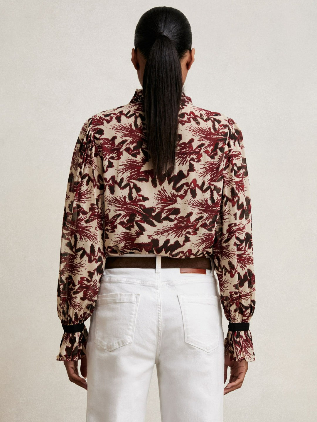 Reiss | Abstract-Print Ruffle-Neck Shirt in Burgundy/Cream
