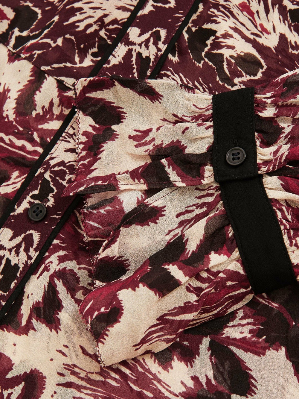 Reiss | Abstract-Print Ruffle-Neck Shirt in Burgundy/Cream