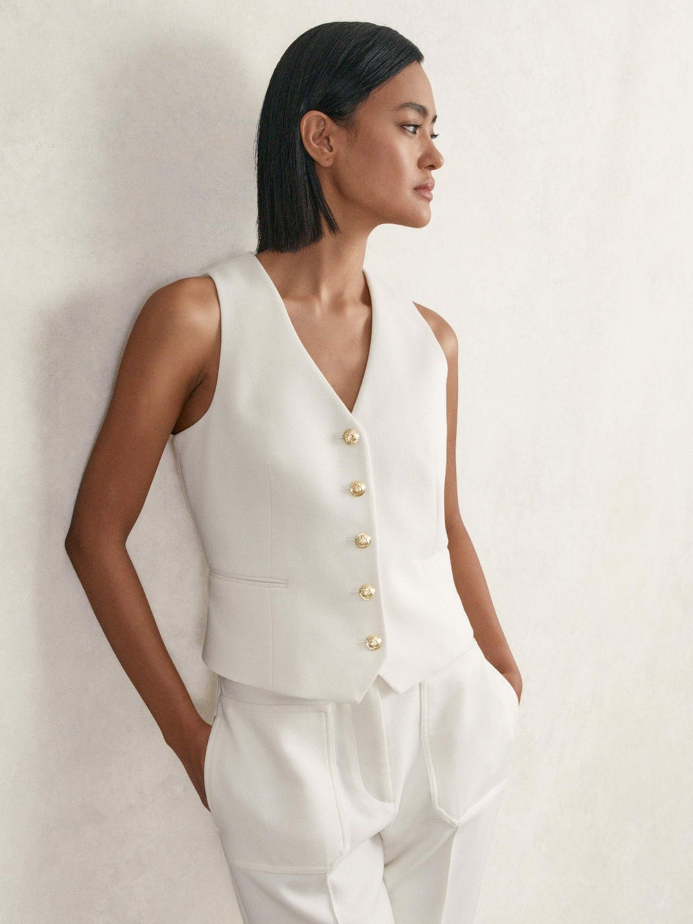 Reiss | Single-Breasted Twill Waistcoat With Wool in White
