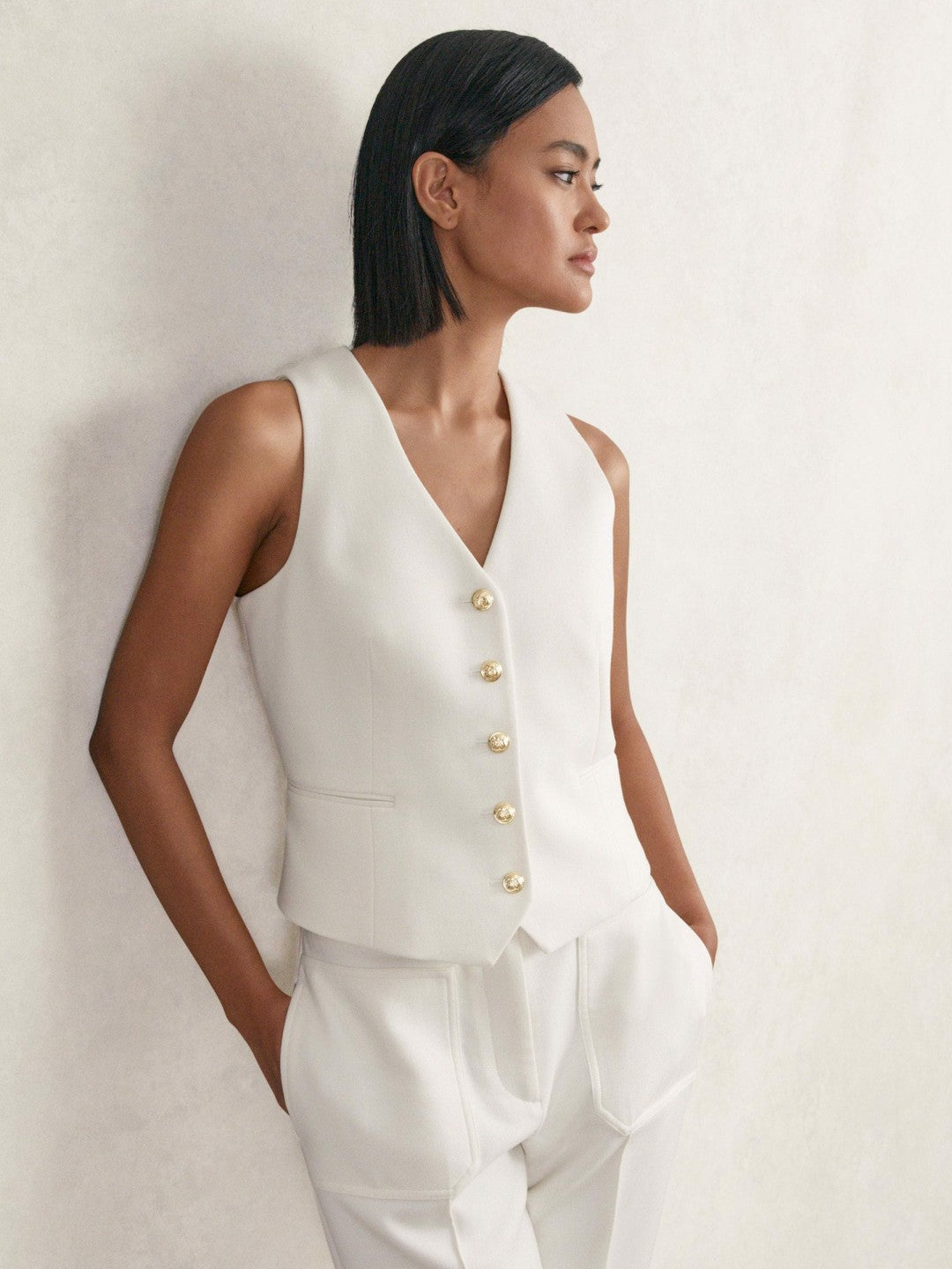 Reiss | Single-Breasted Twill Waistcoat With Wool in White