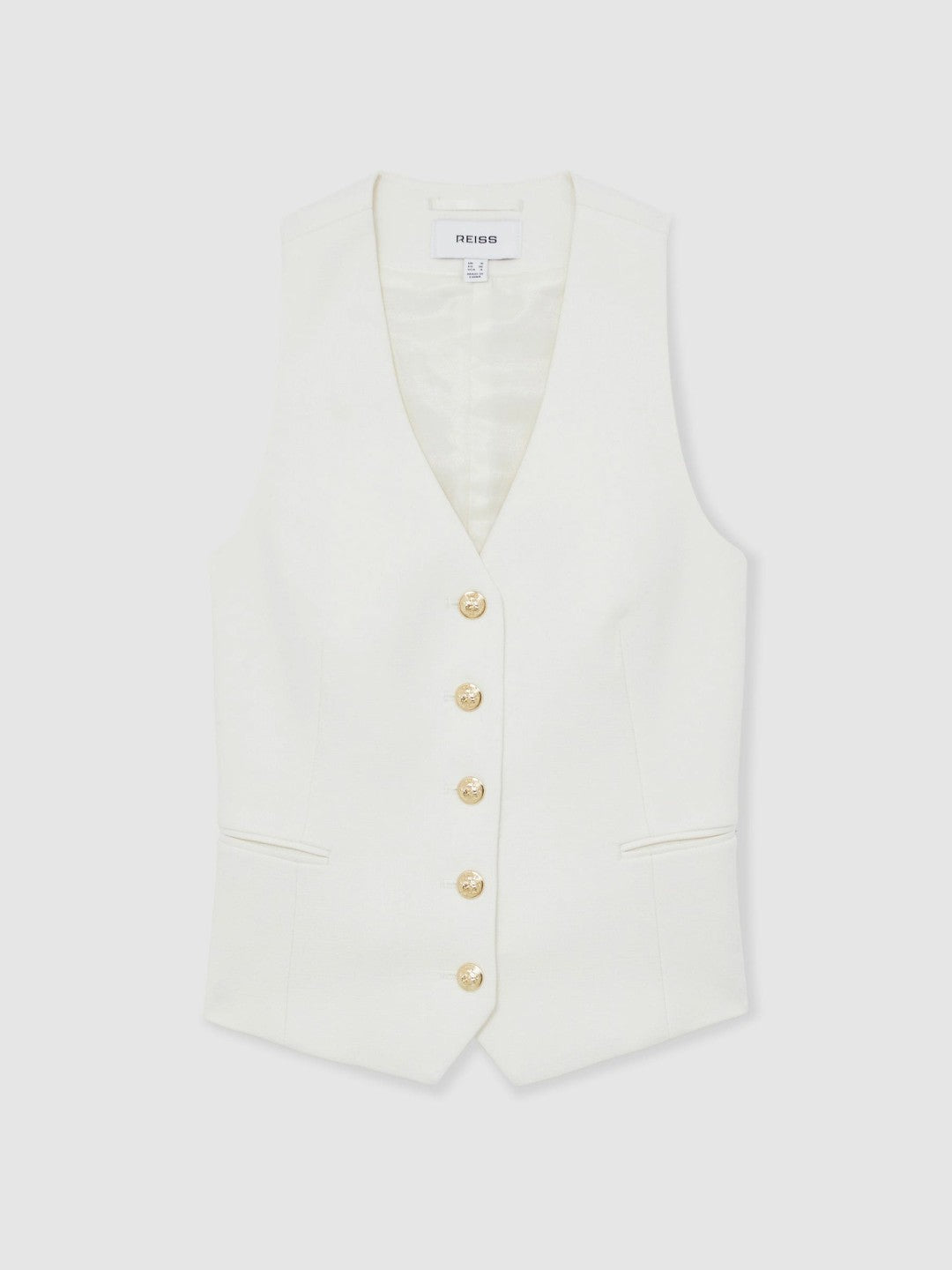Reiss | Single-Breasted Twill Waistcoat With Wool in White