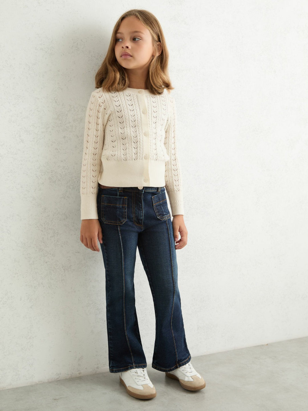 Reiss | Wool-Cotton Pointelle Cardigan in Ivory