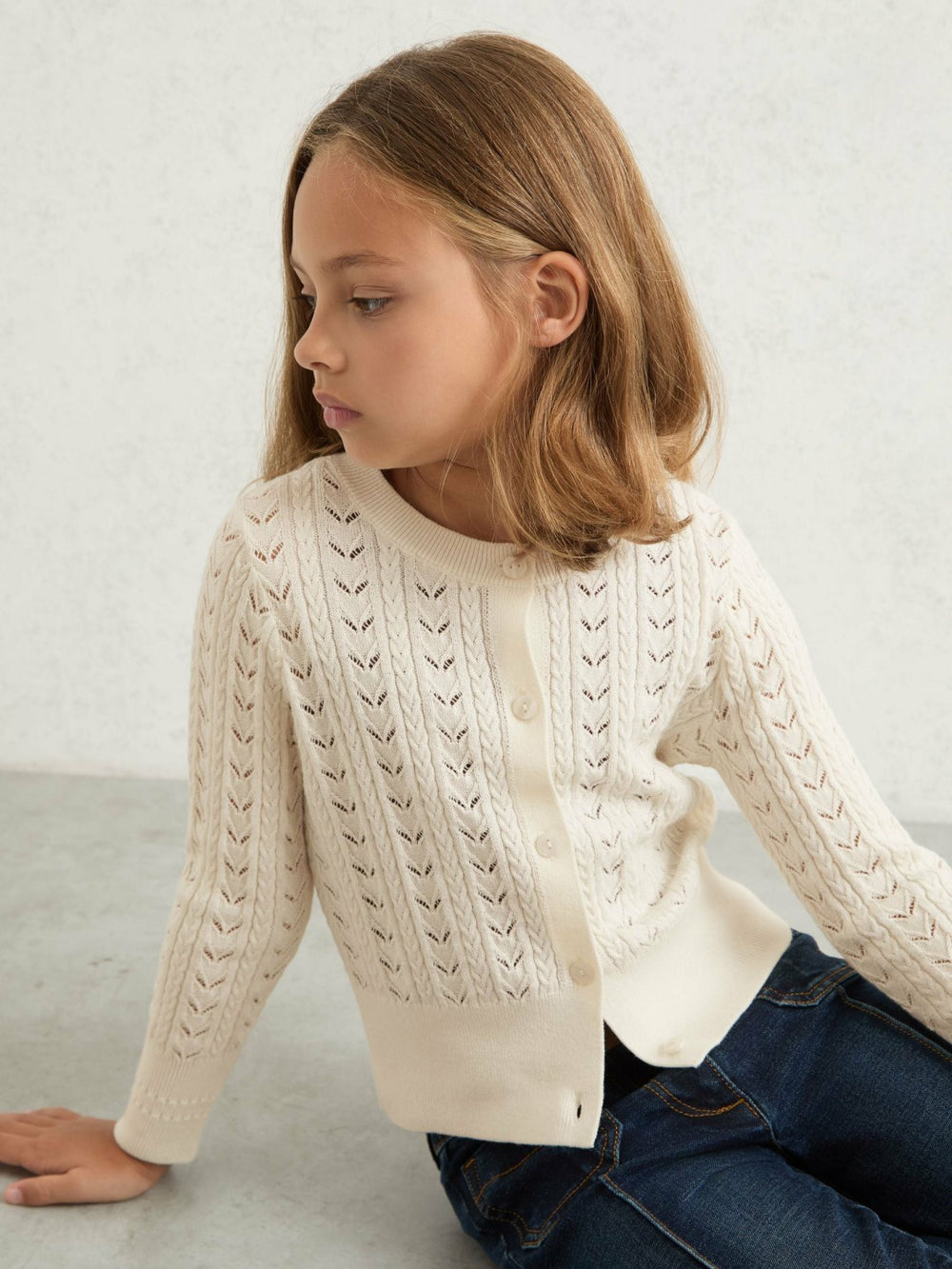 Reiss | Wool-Cotton Pointelle Cardigan in Ivory