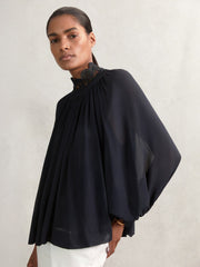 Reiss | Lace-Trim Draped Chiffon Top in Navy