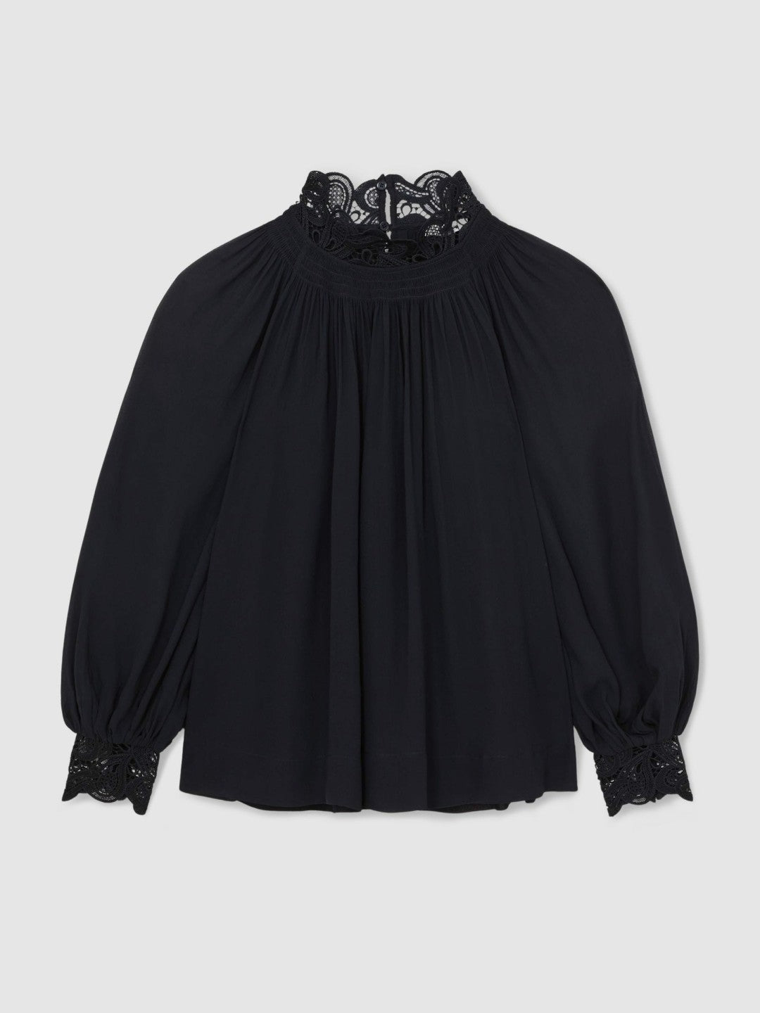 Reiss | Lace-Trim Draped Chiffon Top in Navy