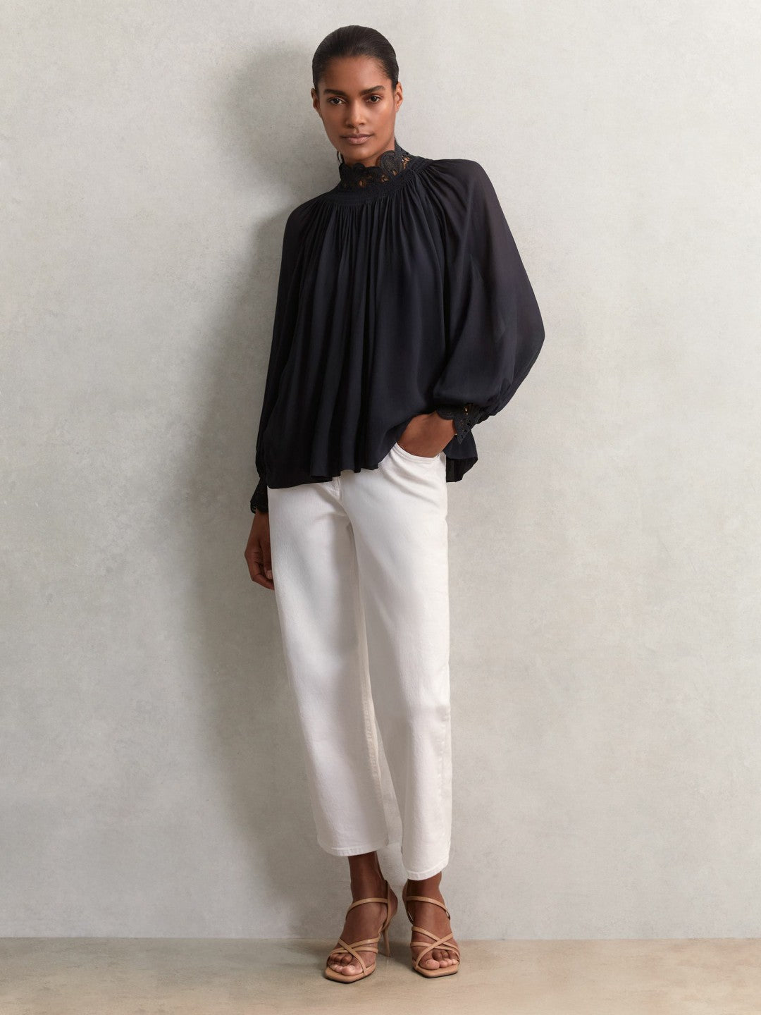 Reiss | Lace-Trim Draped Chiffon Top in Navy
