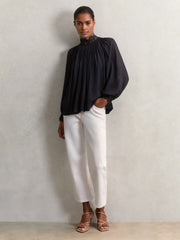 Reiss | Lace-Trim Draped Chiffon Top in Navy