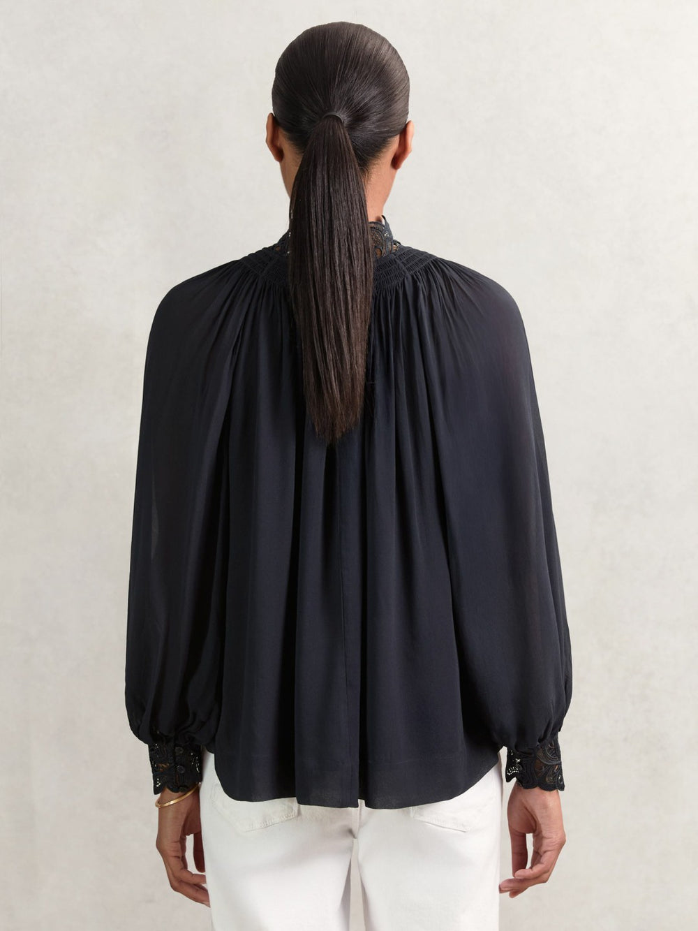 Reiss | Lace-Trim Draped Chiffon Top in Navy