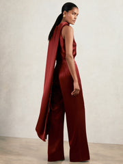 Reiss | Petite Satin Cape-Sash Jumpsuit in Dark Red