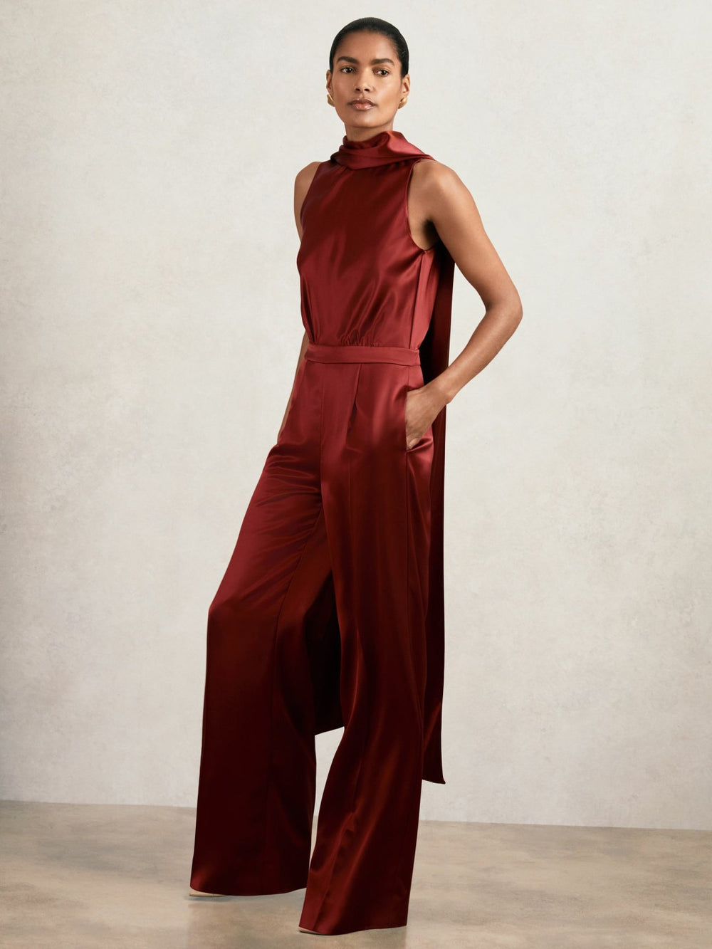 Reiss | Petite Satin Cape-Sash Jumpsuit in Dark Red