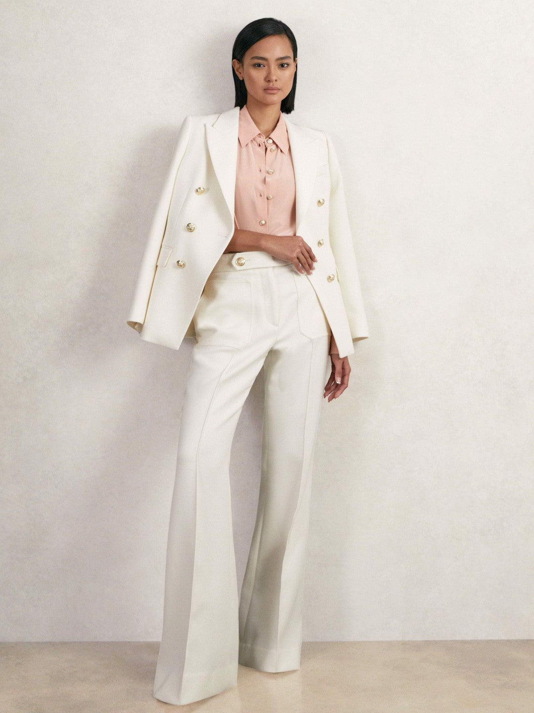 Reiss | Petite Twill Button-Tab Flared Trousers With Wool in White