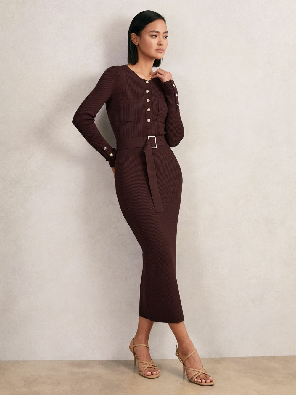 Reiss | Buttoned Rib-Knit Midi Dress in Burgundy