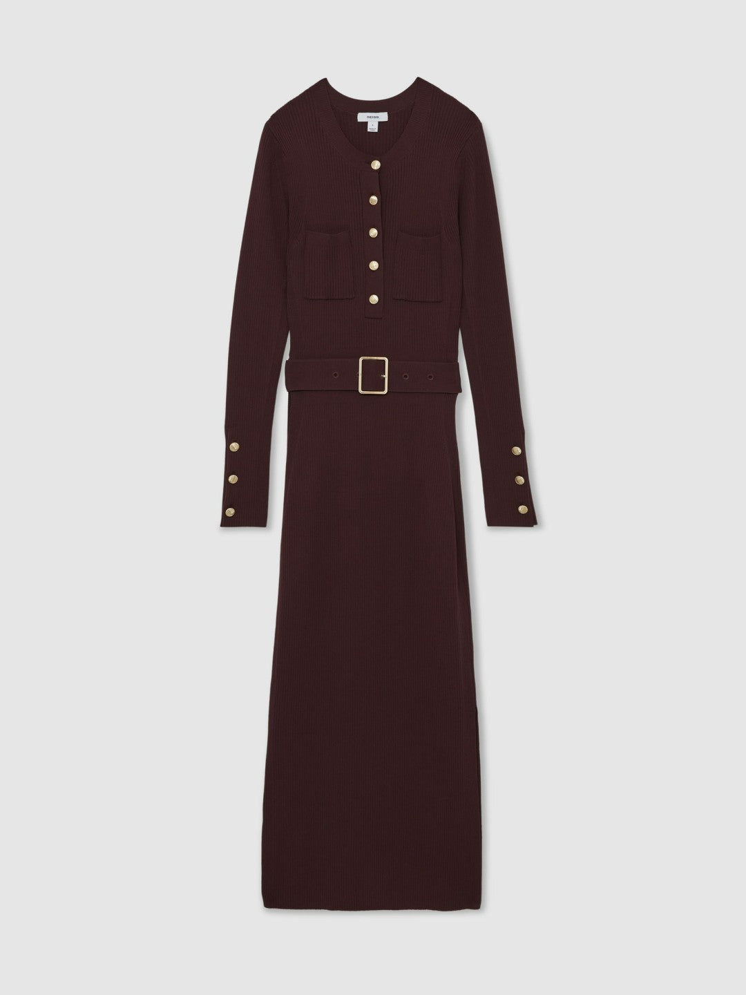 Reiss | Buttoned Rib-Knit Midi Dress in Burgundy