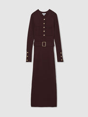 Reiss | Buttoned Rib-Knit Midi Dress in Burgundy