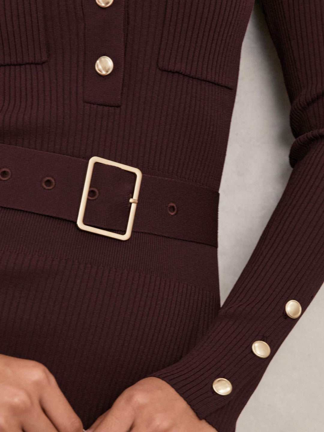 Reiss | Buttoned Rib-Knit Midi Dress in Burgundy
