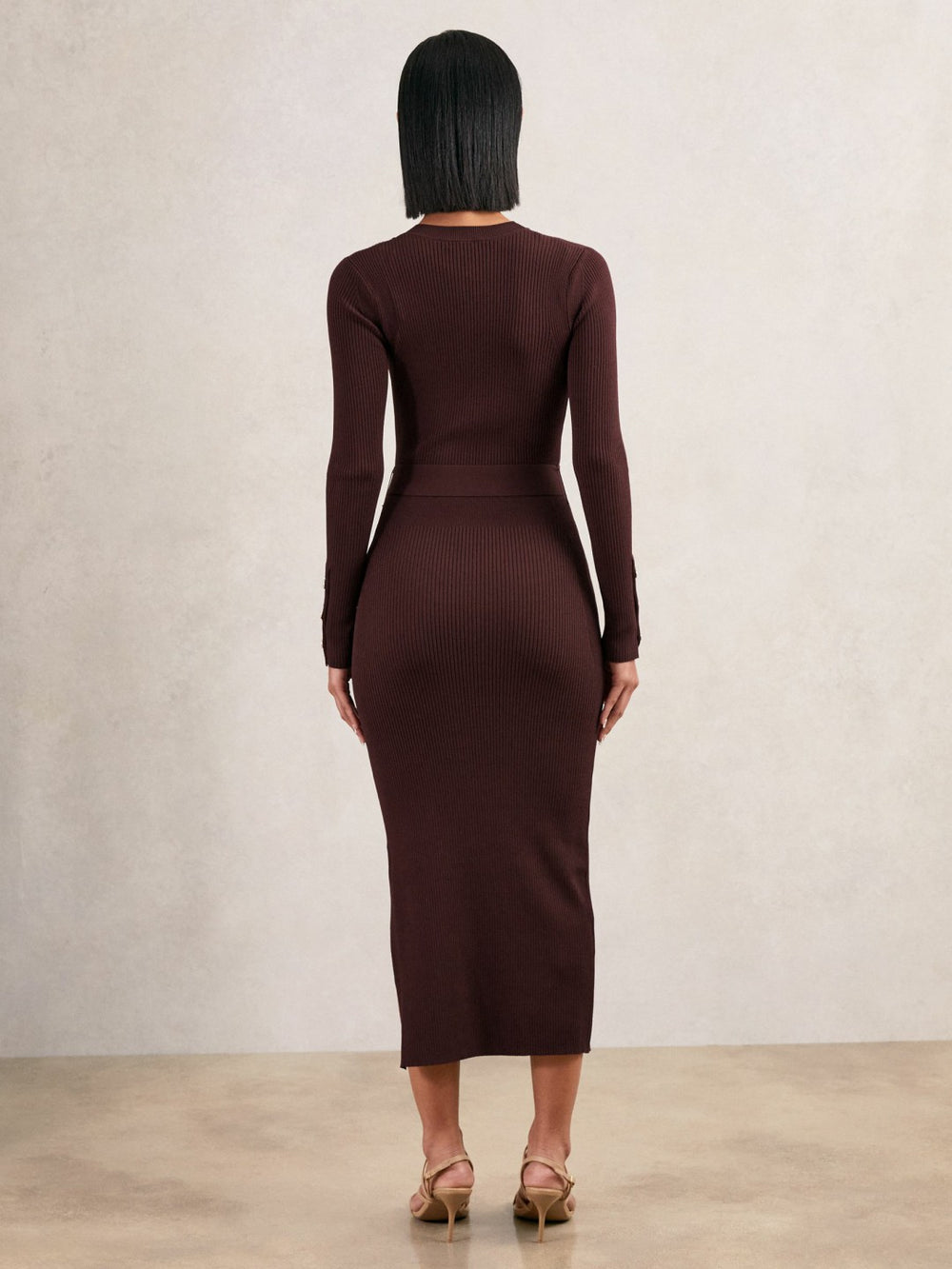 Reiss | Buttoned Rib-Knit Midi Dress in Burgundy