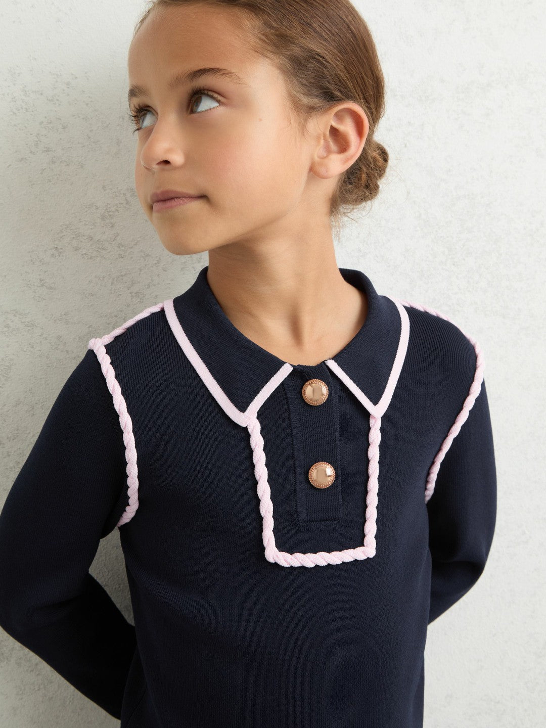 Reiss | 9-13 yrs Piped Knitted Collar Top in Navy