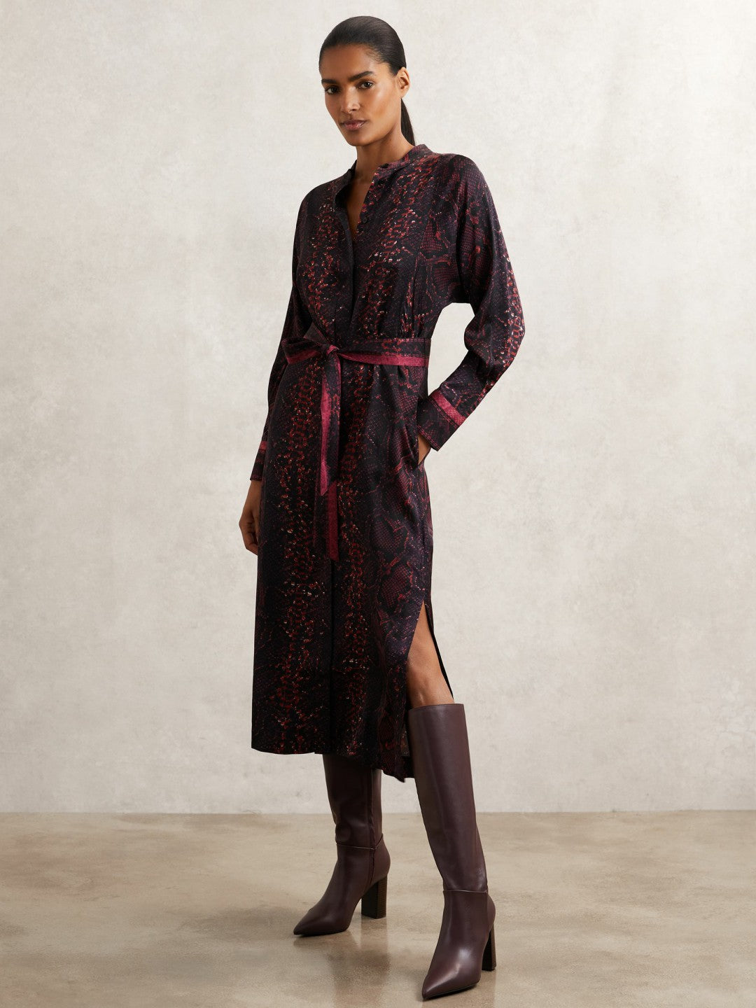 Reiss | Snake-Print Belted Shirt Dress in Burgundy/Black