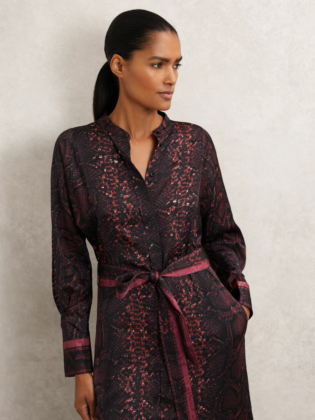 Reiss | Snake-Print Belted Shirt Dress in Burgundy/Black
