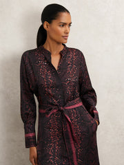 Reiss | Snake-Print Belted Shirt Dress in Burgundy/Black