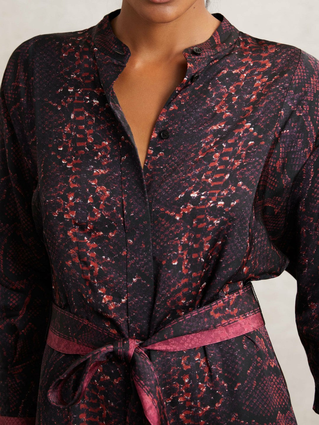Reiss | Snake-Print Belted Shirt Dress in Burgundy/Black