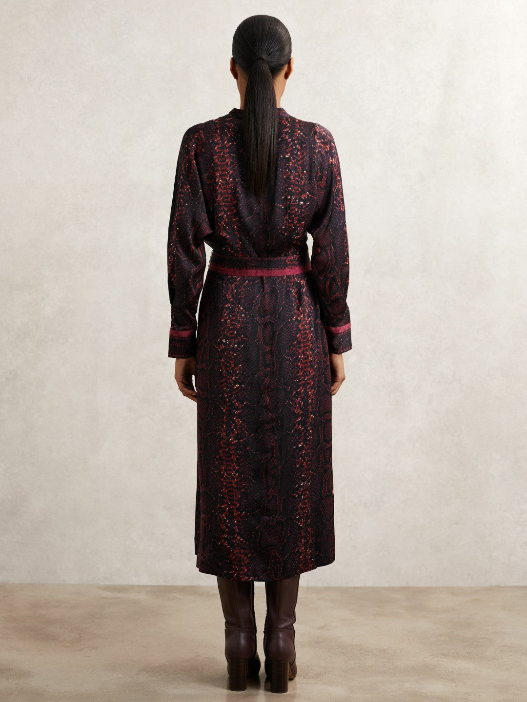 Reiss | Snake-Print Belted Shirt Dress in Burgundy/Black