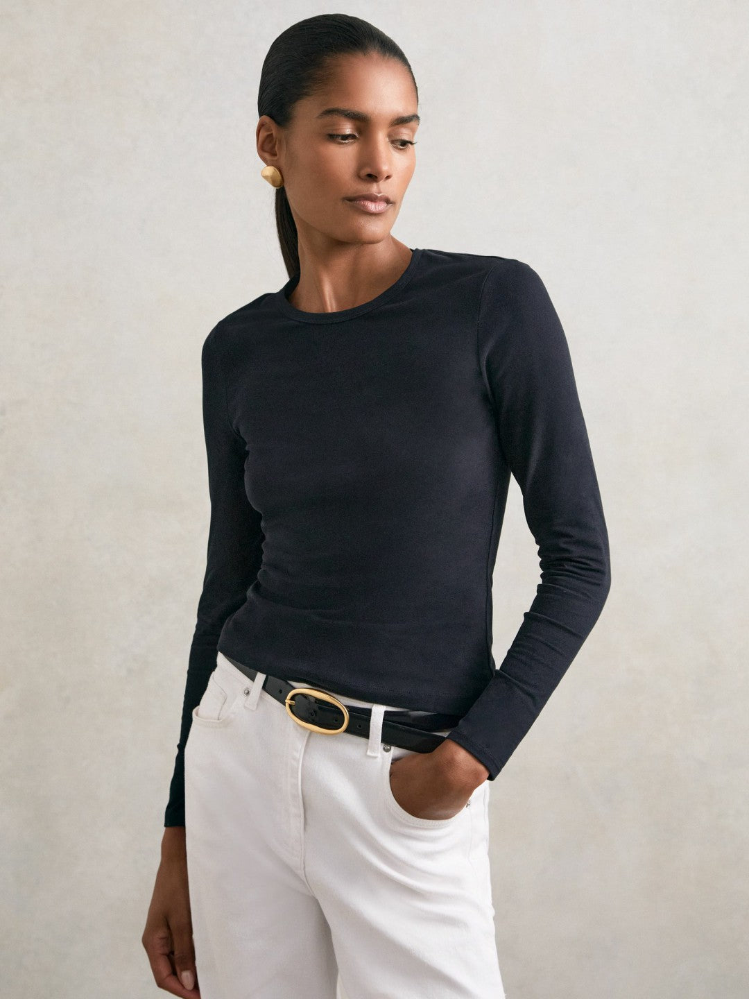 Reiss | Cotton Crew-Neck Long-Sleeve T-Shirt With Stretch in Black