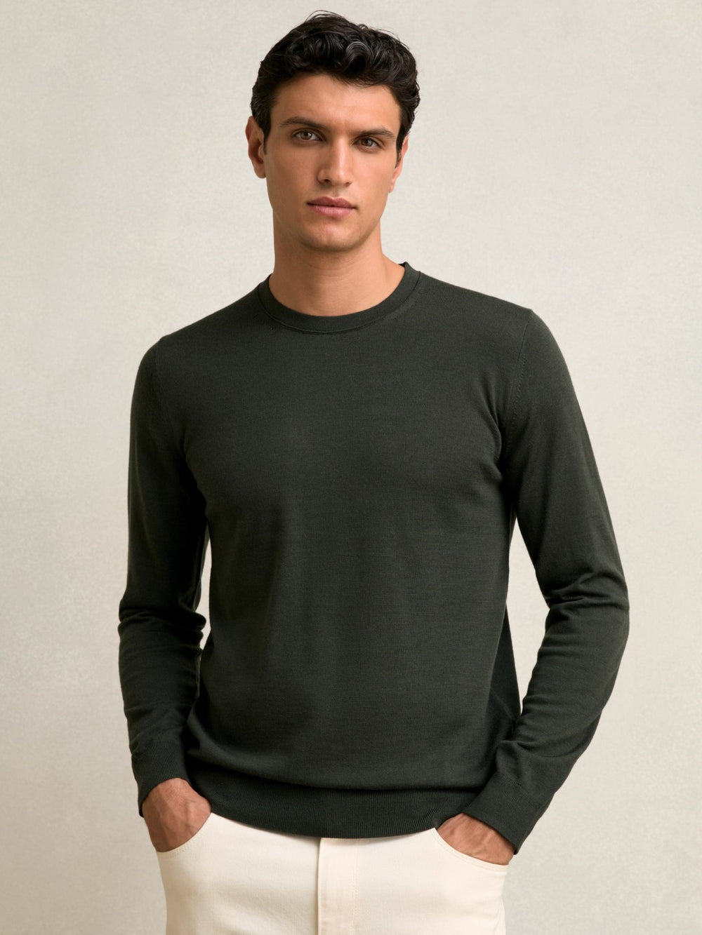 Reiss | Merino Wool Crew Neck Jumper in Dark Military Green