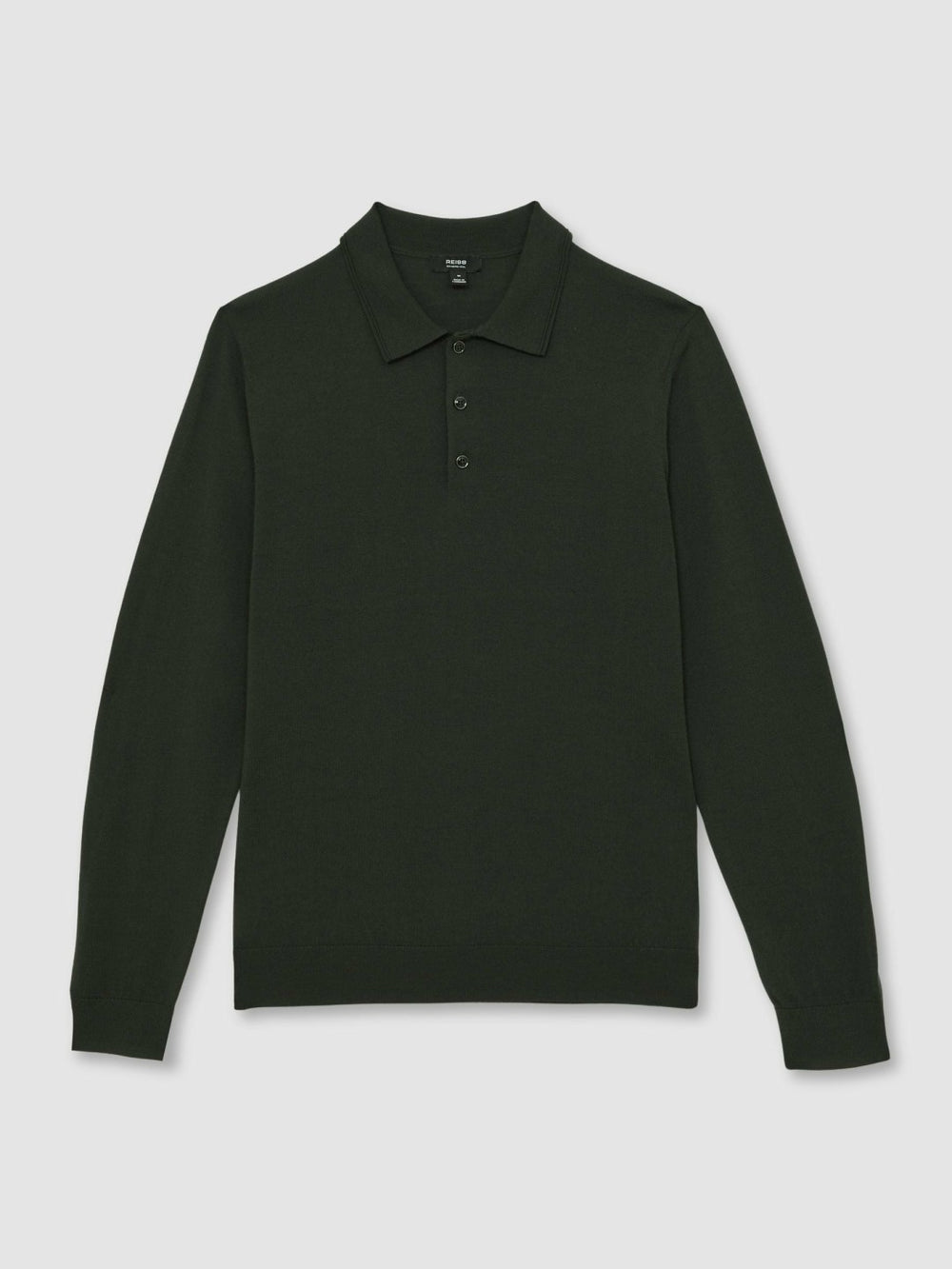 Reiss | Merino Wool Long-Sleeve Polo Shirt in Dark Military Green