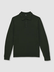 Reiss | Merino Wool Long-Sleeve Polo Shirt in Dark Military Green