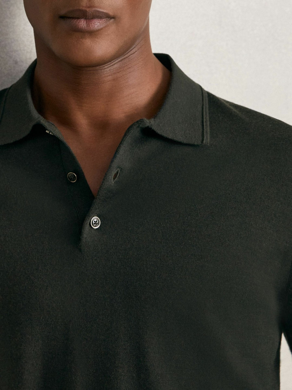 Reiss | Merino Wool Long-Sleeve Polo Shirt in Dark Military Green