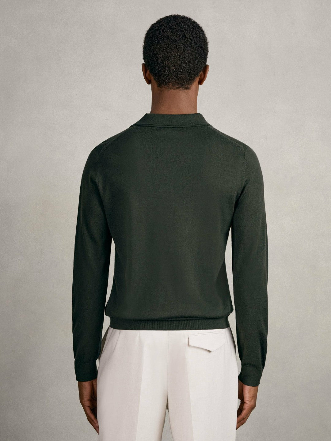 Reiss | Merino Wool Long-Sleeve Polo Shirt in Dark Military Green