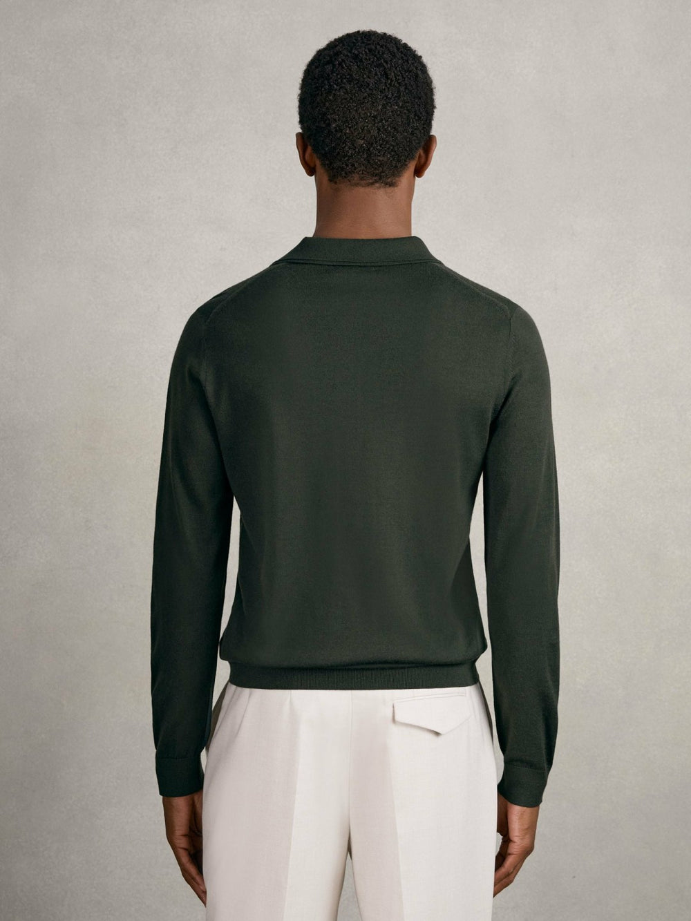 Reiss | Merino Wool Long-Sleeve Polo Shirt in Dark Military Green