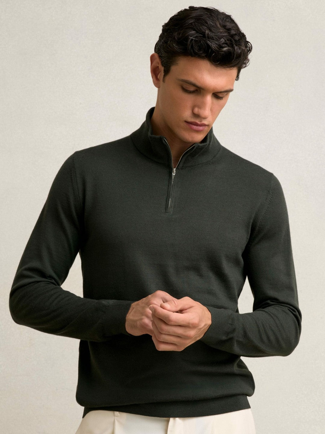 Reiss | Merino Wool Half-Zip Jumper in Dark Military Green
