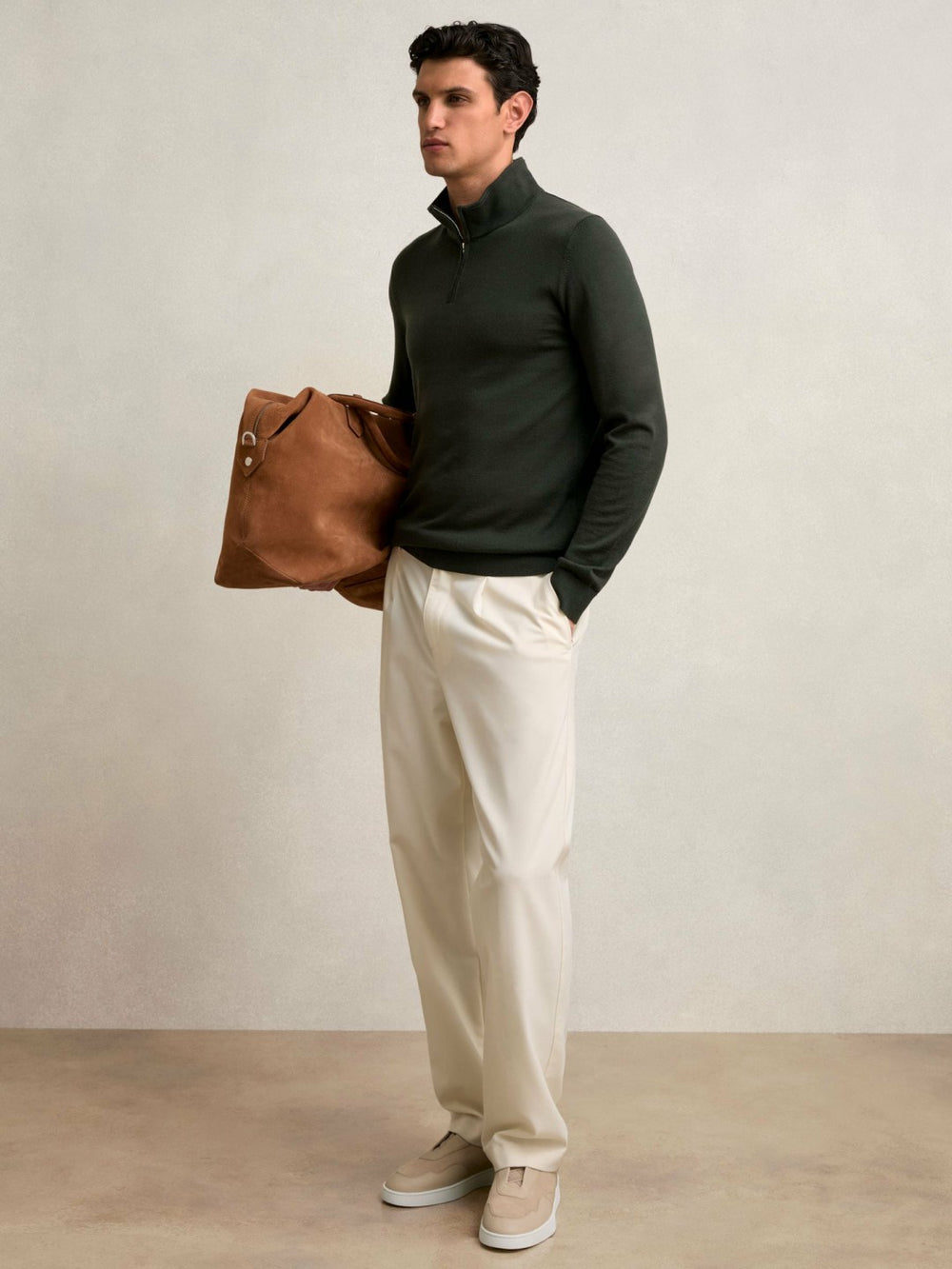 Reiss | Merino Wool Half-Zip Jumper in Dark Military Green