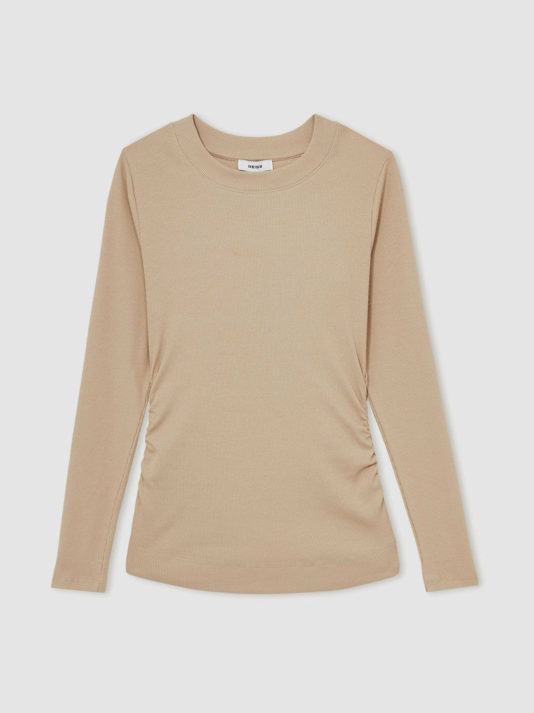 Reiss | Cotton Long-Sleeve Ruched T-Shirt with Stretch in Camel