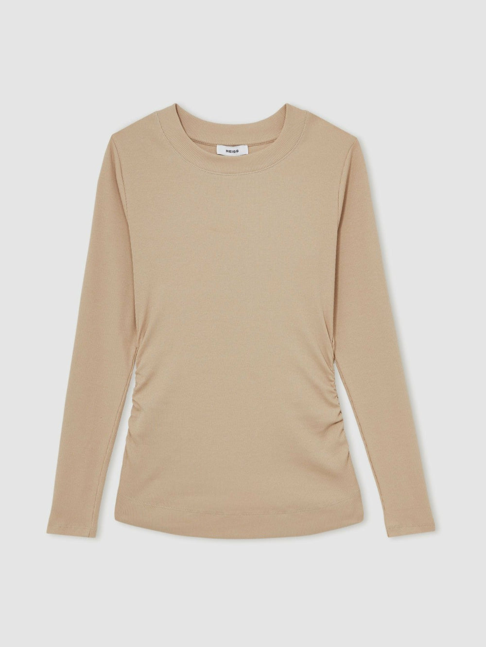 Reiss | Cotton Long-Sleeve Ruched T-Shirt with Stretch in Camel