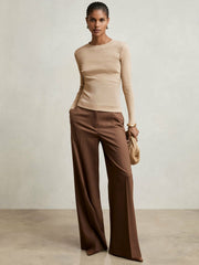 Reiss | Cotton Long-Sleeve Ruched T-Shirt with Stretch in Camel