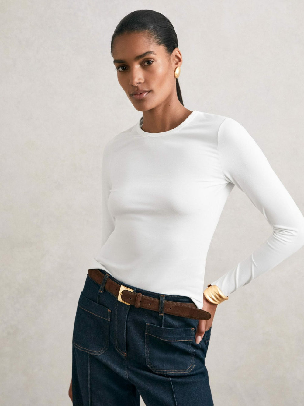 Reiss | Cotton Crew-Neck Long-Sleeve T-Shirt With Stretch in White