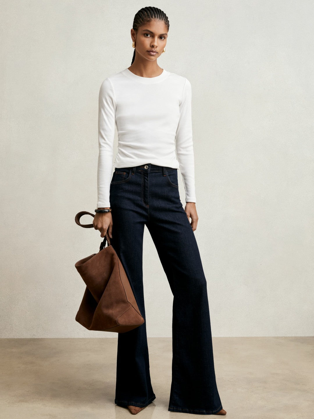 Reiss | Cotton Long-Sleeve Ruched T-Shirt with Stretch in White