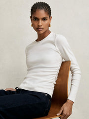Reiss | Cotton Long-Sleeve Ruched T-Shirt with Stretch in White