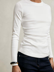 Reiss | Cotton Long-Sleeve Ruched T-Shirt with Stretch in White