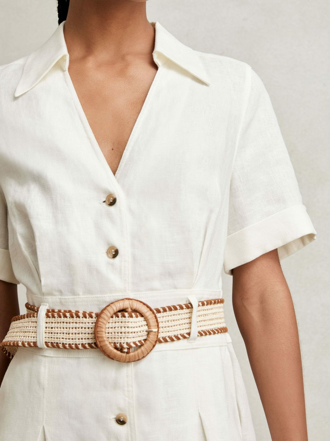 Reiss | Linen Belted Midi Shirt Dress in Ivory