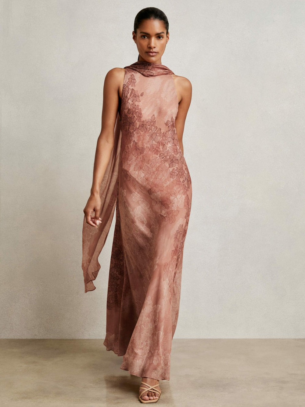 Reiss | Petite Chiffon Floral Cape Maxi Dress in Pale Pink