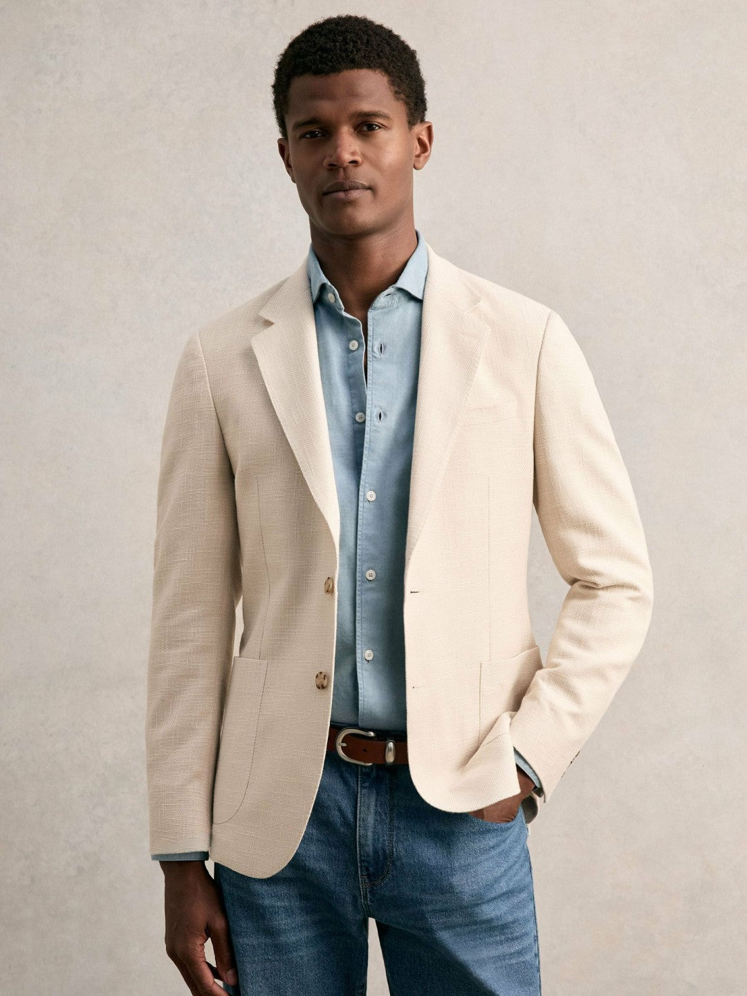 Reiss | Slim Fit Single Breasted Textured Blazer with Cotton in Stone