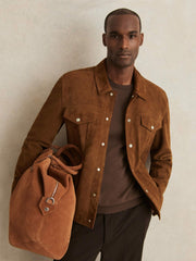 Reiss | Suede Press Stud Trucker Jacket in Tobacco Brown